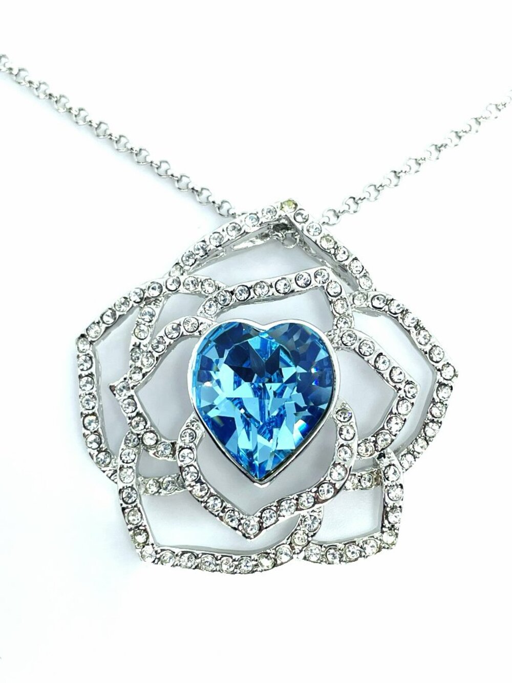 Heart and Flower Centerpiece Statement Necklace, Sapphire Austrian Crystals, 27"